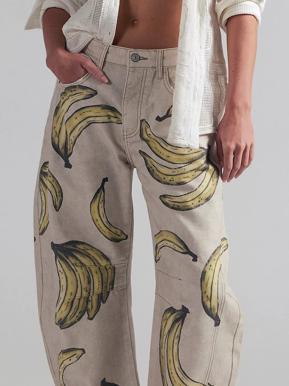 Free People Beige Cargo Pants with Yellow Banana Print